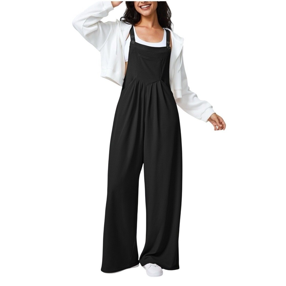 Halara Black Wide Leg Pleated Overalls Jumpsuit Medium Petite